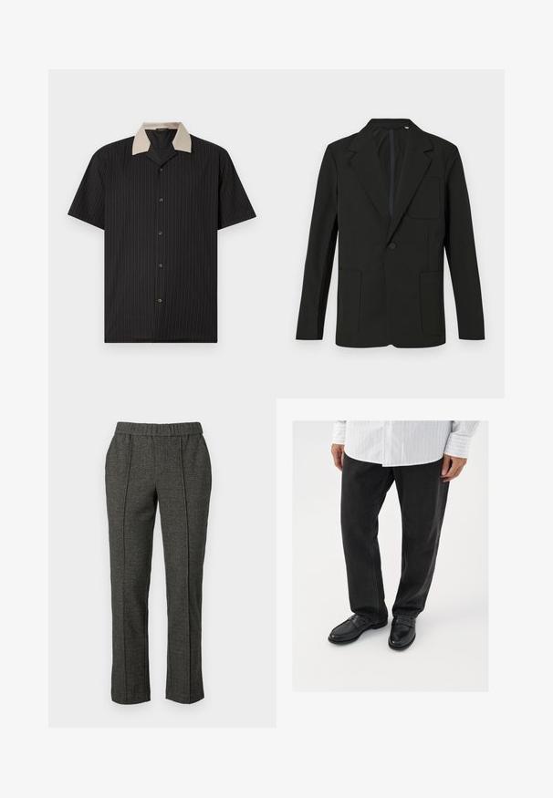 Schwarzer Blazer mit Reverskragen, einem Knopf, zwei Fronttaschen und einer Brusttasche. Hergestellt aus glattem Stoff mit einem minimalistischen Design.; Kurzarmhemd in Schwarz mit vertikalen Streifen, ausgestattet mit einem beigen Kragen und Frontknöpfen. Hergestellt aus leichtem Stoff mit glatter Textur.; Graue maßgeschneiderte Hose aus strukturiertem Stoff, mit elastischem Bund, geraden Beinen und Falten in der Vorderseite.; Schwarze Jeans kombiniert mit glänzenden schwarzen Slippern. Das Hemd ist weiß mit dünnen vertikalen Streifen, hat lange Ärmel und einen geknöpften Kragen.