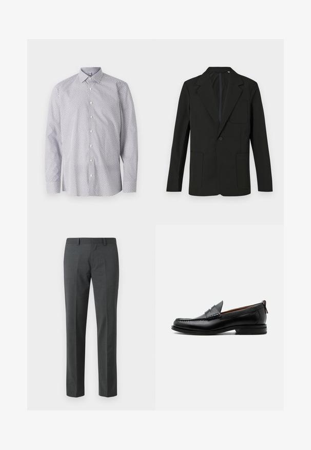 Sort blazer med klapkrave, enkelt knap, to frontlommer og en brystlomme. Lavet af glat stof med et minimalistisk design.; Langærmet skjorte i hvid med et sort geometrisk mønster, med klassisk krave, knaplukning og blødt bomuldsstof.; Mørkegrå skræddersyede bukser lavet af et glat tekstil. Har lige ben, flad front og bæltestropper. Ingen synlige mønstre eller accenter.; Sort læder herre loafer med moc-tå syning, penny strop, struktureret krave og lav stablet hæl på hvid baggrund.