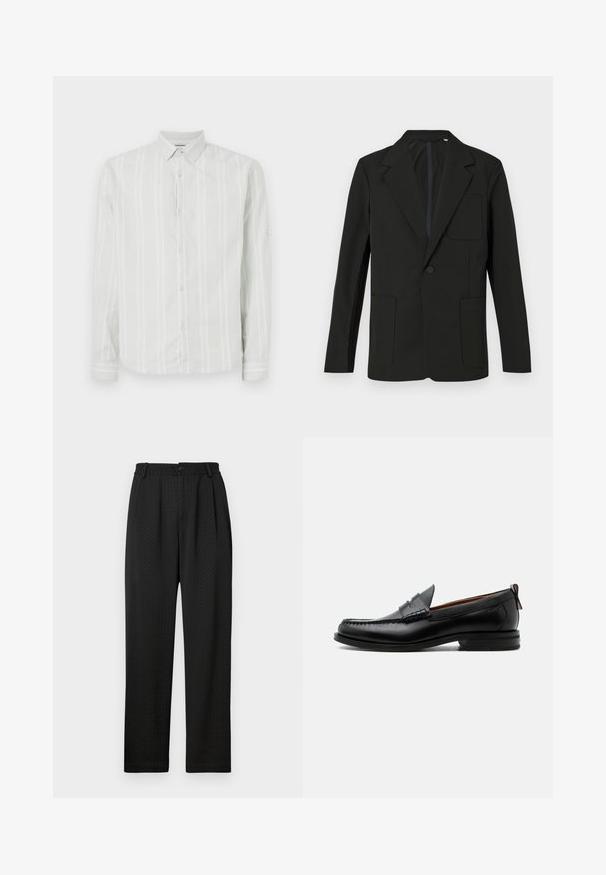 Schwarzer Blazer mit Reverskragen, einem Knopf, zwei Fronttaschen und einer Brusttasche. Hergestellt aus glattem Stoff mit einem minimalistischen Design.; Hellgraues Langarmshirt mit weißen vertikalen Streifen, Knopfverschluss vorne und klassischem Kragen. Besitzt eine detailreiche Manschette an den Ärmeln.; Schwarze Hose mit strukturiertem Muster, ausgestattet mit einem breiten Taillenbund mit einem Knopf und Vorderfalten für eine maßgeschneiderte Passform. Gerade Beinform.; Schwarzer Leder-Herrenschuh mit Mokassinnaht, Penny-Riemen, strukturiertem Kragen und niedrigem gestapeltem Absatz auf weißem Hintergrund.