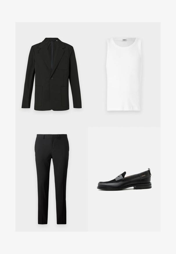 Sort blazer med klapkrave, enkelt knap, to frontlommer og en brystlomme. Lavet af glat stof med et minimalistisk design.; Hvid bomulds tanktop uden ærmer med rund halsudskæring og en glat tekstur. Enkel design, ingen mønstre eller accenter.; Skræddersyede sorte bukser i et glat stof. Har et lige ben-design, frontfald og bæltestropper til justerbar størrelse.; Sort læderloafer med grå remdetalje, lav hæl og tekstureret sål, mærket med "HUGO" i guld på siden.