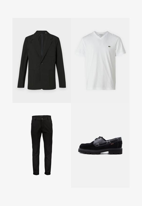 Sort blazer med klapkrave, enkelt knap, to frontlommer og en brystlomme. Lavet af glat stof med et minimalistisk design.; Hvid bomulds T-shirt med V-hals, korte ærmer og et lille grønt krokodillelogo på venstre bryst. Simpelt og let design.; Sorte bomuldsbukser med lige pasform, knaplukning og opkrøllede bukseben. Glat tekstur og minimalistisk design uden mønstre eller accenter.; Sort læder- og ruskinds bådsko med tyk mønstret sål, snørehuller og sidesøm på ensartet lys baggrund.