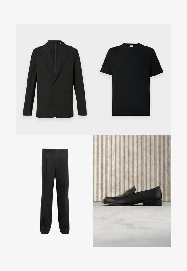 Blazer negro con solapa muesca, un solo botón, dos bolsillos frontales y un bolsillo en el pecho. Hecho de una tela suave con un diseño minimalista.; Camiseta básica negra de manga corta con cuello redondo, exhibida plana sobre un fondo blanco, con una pequeña etiqueta de la marca en el interior del collar.; Pantalones negros con un diseño de pierna recta, que presentan pliegues, un cierre de un solo botón y trabillas para cinturón. Fabricados con una tela suave.; Zapato mocasín de cuero negro flotando sobre una alfombra beige con una mesa redonda marrón brillante al fondo.