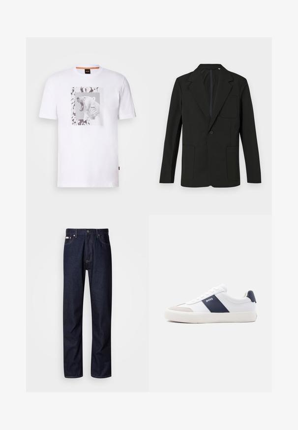 Schwarzer Blazer mit Reverskragen, einem Knopf, zwei Fronttaschen und einer Brusttasche. Hergestellt aus glattem Stoff mit einem minimalistischen Design.; Weißes Baumwoll-T-Shirt mit einem Grafikmotiv eines brüllenden Eisbären in einem rechteckigen Rahmen, akzentuiert durch abstrakte schwarze und graue Muster.; Dunkelblaue Denim-Jeans mit geradem Bein, ausgestattet mit einem Knopfverschluss, fünf Taschen und kontrastierenden Nähten.; Weißer Sneaker mit niedrigem Schaft, marineblauem Seitenstreifen, "BOSS" Logo, beiger Zehenkappe und weißer Sohle, seitlich auf hellem Hintergrund gezeigt.