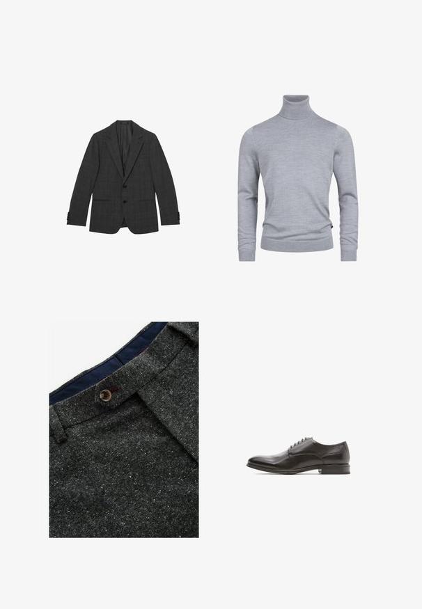 Mørkegrå herreblazer med diskret ternet mønster, hakket revers, to knapper foran og klaplommer, vist fladt på hvid baggrund.; Grå turtleneck sweater lavet af et blødt strikket stof. Har lange ærmer og en tætsiddende design med ribbede manchetter og kant. Enkel, glat tekstur.; Grå uldblandede bukser med en spottet tekstur. Har en spids talje, knaplukning og marineblå inderside.; Sorte læder dresssko med rund tå, glat overflade, seks øjer til snøring, og en flad hæl med en let glans.