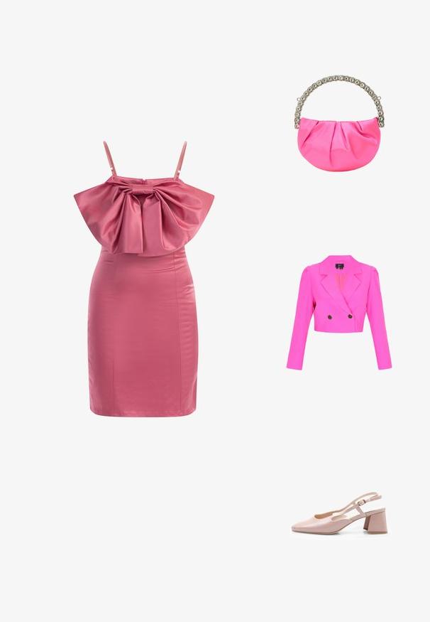 Zugeschnittener, leuchtend pinker, doppelt geknöpfter Blazer mit gekerbten Revers, strukturierten Schultern, langen Ärmeln und zwei schwarzen Knöpfen.; Rosa Satin-Kleid mit einem gerafften, strukturierten Oberteil und verstellbaren Trägern. Enganliegend mit einer glatten Textur und einem geraden Saum.; Rosa patentierte Leder Slingback-Schuh mit quadratischer Zehenpartie, verstellbarem Riemen und Blockabsatz. Glatte Oberfläche und minimalistisches Design.; Rosa Satchel-Handtasche mit runder Form, gerafftem Design und einem schimmernden, mit Strasssteinen verzierten Griff. Weiche Textur mit glänzendem Finish.