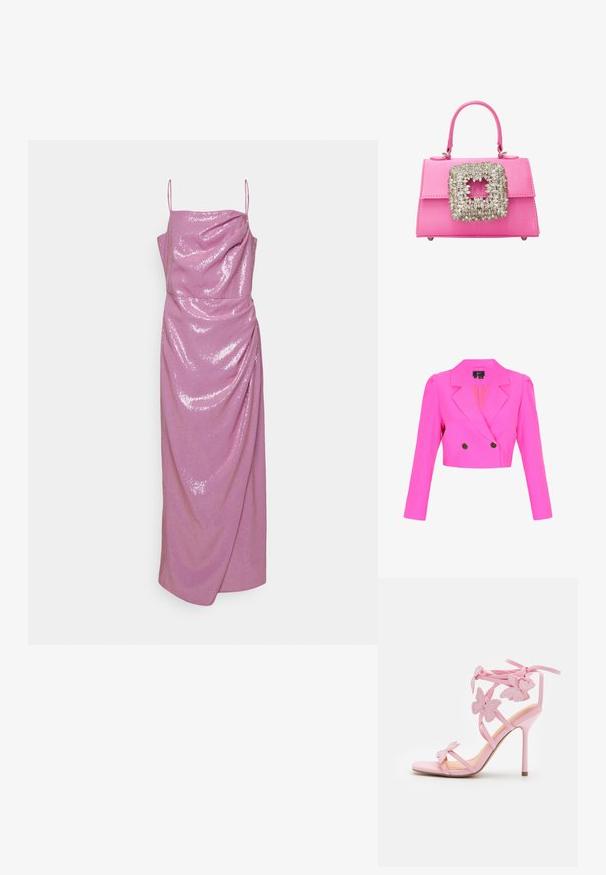 Beskåret, skarp lyserød dobbeltradet blazer med hakkede revers, strukturerede skuldre, lange ærmer og to sorte knapper.; Halston ALANIA GOWN IN STRETCH SEQUIN - Gallakjole - pink; Lyserøde højhælede sandaler med sommerfugle pynt, lavet af glat materiale. Har tynde stropper og en slank hæl.; Rosa satin skuldertaske med et struktureret design, der har en stor smykkeklædt firkantet lås og korte håndtag. Bunden har metalfødder for stabilitet.