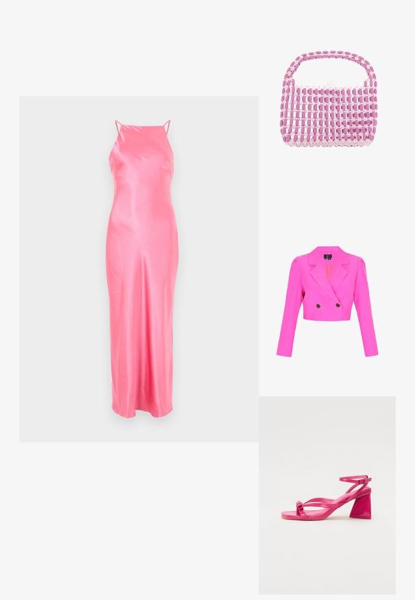 Zugeschnittener, leuchtend pinker, doppelt geknöpfter Blazer mit gekerbten Revers, strukturierten Schultern, langen Ärmeln und zwei schwarzen Knöpfen.; Rosa Satin-Maxikleid mit dünnen Trägern, glatter Textur und figurbetontem Schnitt. Bodenlanger Stil mit minimalen Akzenten.; Rosa Lackleder-Sandaletten mit Absatz, rechteckiger Zehenpartie, schmalen Riemen und geometrischem Blockabsatz. Mit einer Schnallenverzierung am Riemen.; Kleine Handtasche aus abwechselnden Reihen von rosa ovalen und klaren runden Perlen mit einem perlenbesetzten Griff und Verschluss.