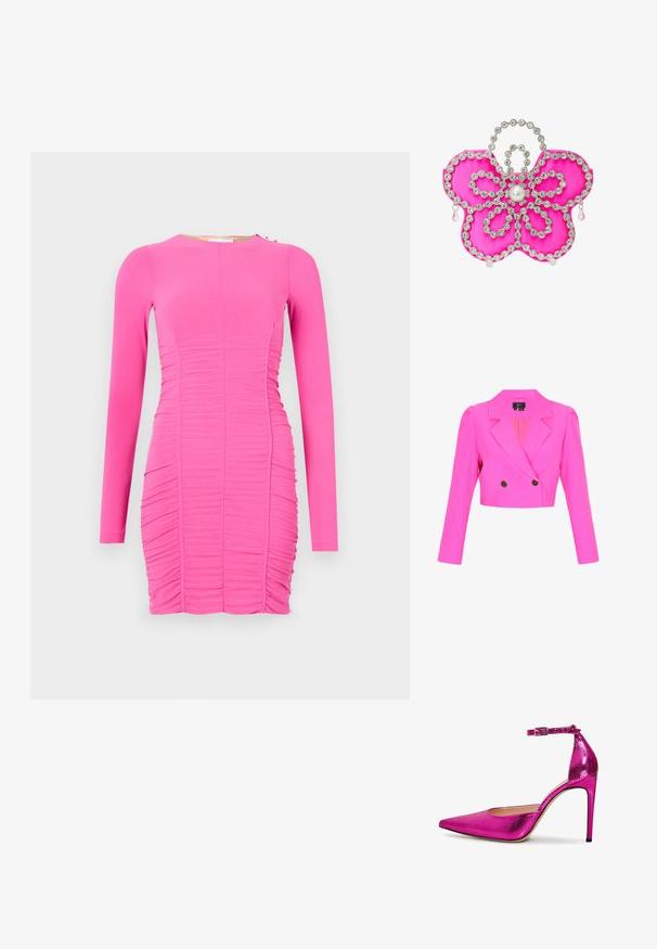 Zugeschnittener, leuchtend pinker, doppelt geknöpfter Blazer mit gekerbten Revers, strukturierten Schultern, langen Ärmeln und zwei schwarzen Knöpfen.; Figurbetontes langärmliges Kleid in lebhaftem Pink. Verfügt über geraffte Textur, Rundhalsausschnitt und seitliche Details mit einem kleinen metallischen Akzent.; Rosa metallische High-Heel-Pumpe mit spitzem Zehenbereich, Knöchelriemen und strukturierten Oberflächen. Verfügt über einen schlanken Stilettopfennig und ein glattes Innenleben.; Rosa Satin-Clutch in Blumenform, verziert mit klaren Strasssteinen und einem zentralen Perlendetail, mit Tropfenakzenten.