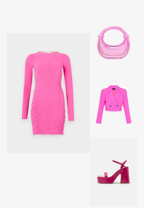 Beskåret, skarp lyserød dobbeltradet blazer med hakkede revers, strukturerede skuldre, lange ærmer og to sorte knapper.; Figurtilpasset kjole med lange ærmer i lysende pink. Har rynket tekstur, rund halsudskæring og sidelæg med en lille metallisk detalje.; RAID MAARIA - Højhælede sandaletter / Højhælede sandaler - pink; Lyserød plastik håndtaske med en afrundet form, glat tekstur og to runde håndtag. Har en glansfuld overflade med sømløse kanter.