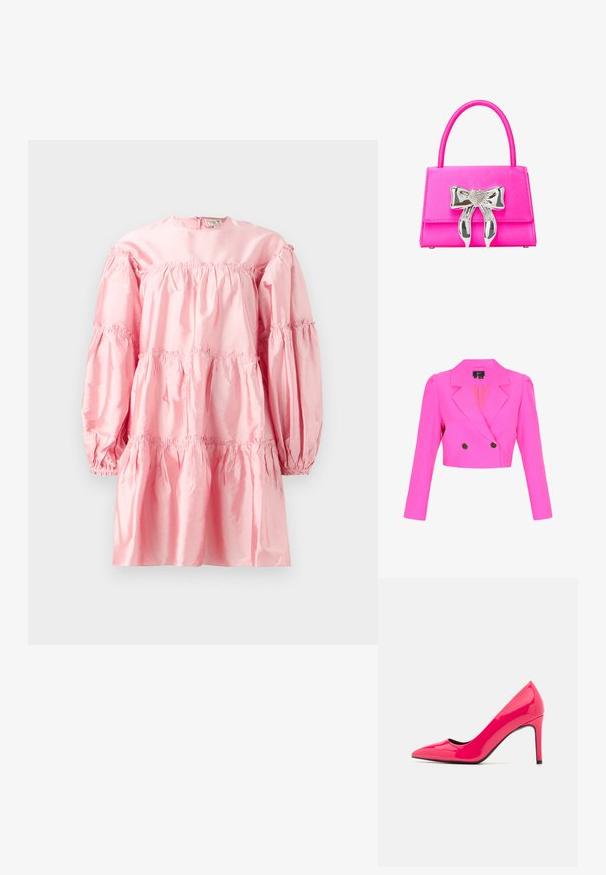 Zugeschnittener, leuchtend pinker, doppelt geknöpfter Blazer mit gekerbten Revers, strukturierten Schultern, langen Ärmeln und zwei schwarzen Knöpfen.; Rosenrotes Satin-Kleid mit langen Puffärmeln, gerafften Schichten und elastischen Akzenten. Verfügt über einen runden Ausschnitt und einen Reißverschluss auf der Rückseite.; Leuchtend pinkfarbene lackierte High-Heels mit spitzer Zehenform und schlanker Silhouette, ausgestattet mit einem dünnen Stiletto-Absatz und schwarzem Innenleben.; Rosa Handtasche mit glatter Textur, versehen mit einem silbernen, herzförmigen Schleifenakzent und einer strukturierten rechteckigen Form. Ausziehbarer Griff.