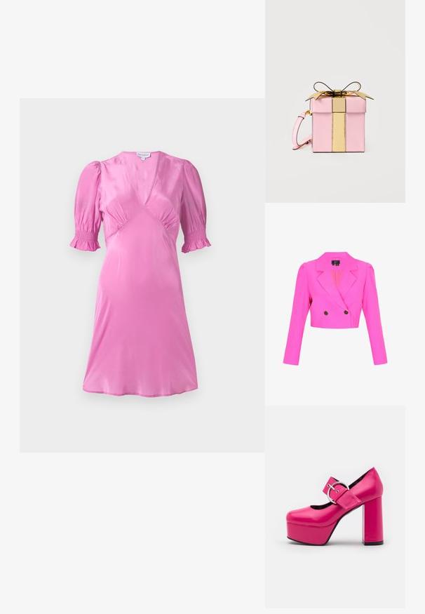 Zugeschnittener, leuchtend pinker, doppelt geknöpfter Blazer mit gekerbten Revers, strukturierten Schultern, langen Ärmeln und zwei schwarzen Knöpfen.; Rotes Satin-Kleid mit kurzen Puffärmeln, einem V-Ausschnitt und gerafften Details an der Brust und den Ärmelsäumen. Glatte, glänzende Textur.; LAMODA FORGET ME PLATFORM - High Heel Pumps - fuchsia; Kleine, rosafarbene handtasche in kastenform mit einem glänzenden goldenen vertikalen riemen und schleife oben, mit einem rosa handgelenksriemen an der seite.
