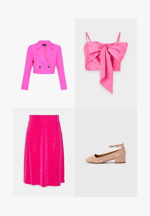 Veste croisée rose vif raccourcie avec revers en encoche, épaules structurées, manches longues, et deux boutons noirs.; Top court rose avec un détail en nœud à l'avant, fabriqué dans un tissu lisse avec de fines bretelles et une silhouette élégante.; Monki Jupe trapèze - pink; Chaussure plate en cuir verni rose avec un bout arrondi, une bride à la cheville et un petit talon carré. Texture lisse et design minimaliste.