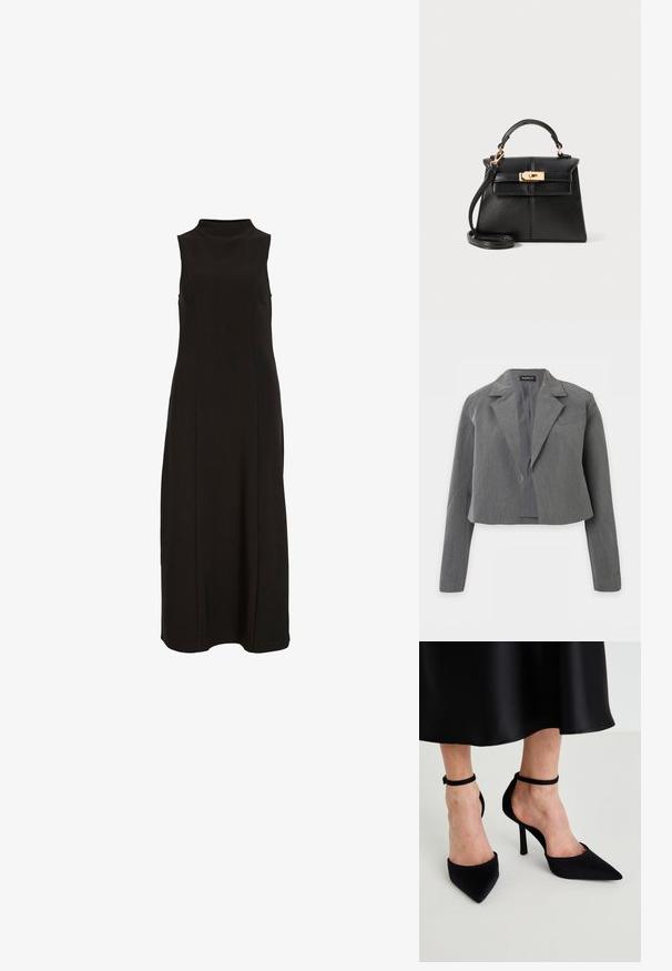 Gekürzter grauer Blazer mit Kerbkragen, langen Ärmeln und offenem Vorderteil, auf weißem Hintergrund dargestellt.; Schwarzes, ärmelloses Maxikleid mit hohem Kragen und einer geraden, figurbetonten Silhouette.; Schwarze spitze High Heels aus glattem Stoff mit einem Stiletto-Absatz und einem schmalen Knöchelriemen, mit einem offenen Seitendesign.; Schwarze Lederhandtasche mit strukturiertem Design, Obergriff, abnehmbarer Schulterriemen und Hardware in Goldtönen an einem Magnetverschluss.