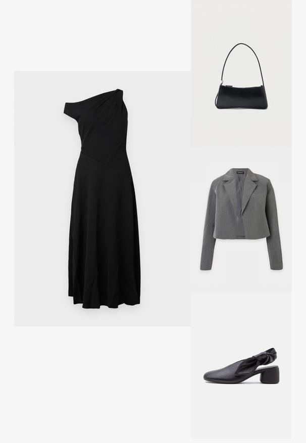 Kort grå blazer med notch revers, lange ærmer og åben front, vist mod en hvid baggrund.; Sort, en-skulder kjole lavet af letvægtsstof. Har en tætsiddende overdel og en udvidet nederdel med blød drapering. Enkel design uden udsmykninger.; Sort læder slingback-sko med rundet tå, detaljer med knyttet rem og lav blokhæl på hvid baggrund.; Sort rektangulær håndtaske med tynd skulderrem og lynlåslukning, sat mod en enkel hvid baggrund.