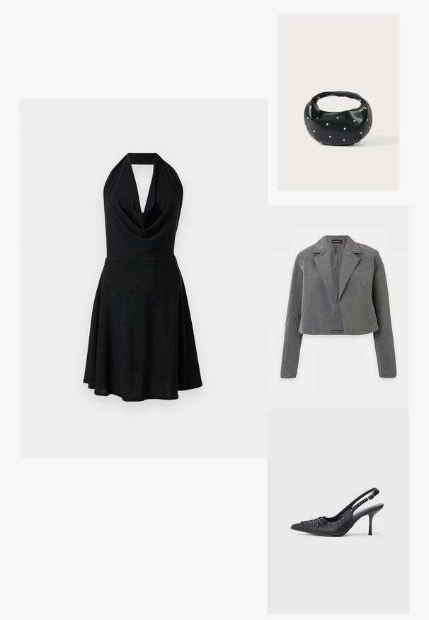 Korte grijze blazer met inkeping revers, lange mouwen en open voorkant, getoond tegen een witte achtergrond.; Zwarte halterjurk met een draperende halslijn, aansluitend lijfje en uitlopende rok. Gemaakt van een glanzende, gestructureerde stof.; Zwarte leren slingback stiletto met spitse neus, zijgesp met gesp, studs langs de rand en decoratieve veters aan de voorkant.; Zwarte leren handtas met een afgeronde vorm, versierd met zilveren studs, en een korte handgreep. Gladde textuur en ritsluiting.