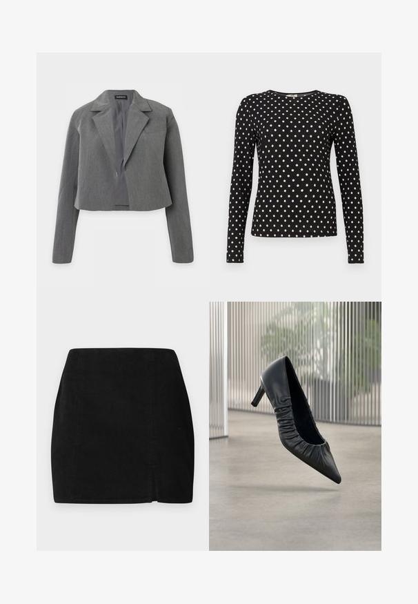 Kort grå blazer med notch revers, lange ærmer og åben front, vist mod en hvid baggrund.; Sort langærmet top med hvide prikker, rund halsudskæring og struktureret stof. Giver en tætsiddende silhuet, velegnet til afslappet brug.; Sort kordfløjlskørt med lige snit, en lille frontslids og tekstureret stof. Ingen synlige detaljer eller hardware.; Sort læder pumps med høje hæle, spids tå og rynket tekstur på overdelen. Glat finish; moderat hælhøjde.