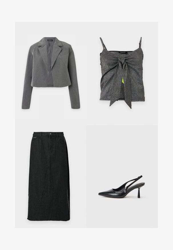 Blazer gris court avec revers cranté, manches longues et devant ouvert, présenté sur fond blanc.; Haut court sans manches en argent-gris brillant avec des fines bretelles et un large nœud à l'avant noué au centre.; Jupe en denim noire avec une taille haute, coupe droite et coutures angulaires uniques. Présente des fentes latérales et une fermeture à bouton à la taille.; Chaussure à talon haut en cuir noir, à bride arrière, avec un bout pointu et un talon fin sur fond blanc.