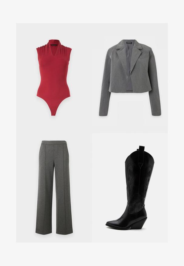 Blazer gris court avec revers cranté, manches longues et devant ouvert, présenté sur fond blanc.; Body rouge sans manches avec un décolleté en V et des détails froncés aux épaules, conçu pour une silhouette ajustée.; Pantalons gris à larges jambes en tissu texturé, dotés d'une taille lisse et de coutures verticales, offrant une coupe décontractée et fluide.; Botte de cowboy en cuir noir avec bout pointu, talon bloc incliné, couture décorative et languettes en haut sur fond blanc.