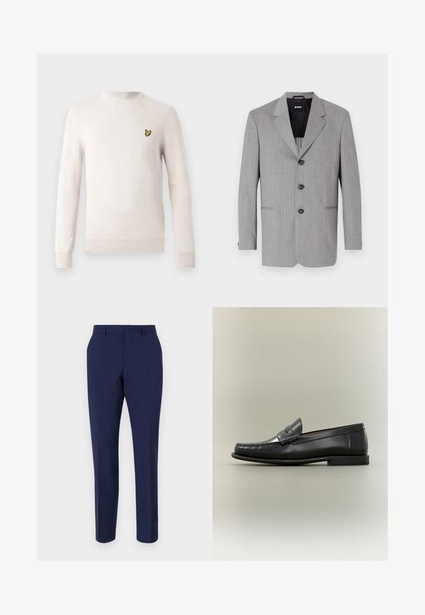 Grå stribet blazer lavet af stof med en glat overflade. Har klapkrave, tre knapper og to forlommer.; Lysebeige sweater med lange ærmer, rund hals og ribbet kant. Har et lille sort og gult broderet logo på brystet.; Marineblå skræddersyede bukser lavet af glat stof, med en slim fit, flad front og en standard talje med bæltesløjfer.; Sort læder herresko med moc-toe-design, penny-rem og lav hæl på en neutral baggrund.