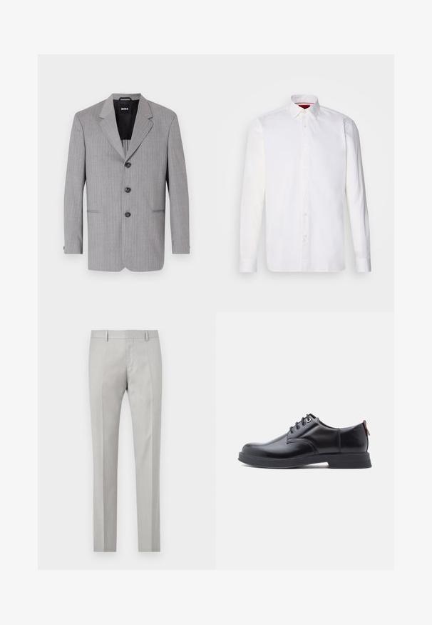 Blazer gris con rayas finas, fabricado en un tejido de textura suave. Cuenta con solapas con muesca, tres botones y dos bolsillos frontales.; Camisa blanca de manga larga hecha de algodón, con un collar clásico, placket frontal con botones y una textura suave. Detalle interior del collar en rojo.; Pantalones ajustados de color gris claro con una textura suave, frente plano y dos bolsillos laterales. Presentan piernas rectas y detalles de pliegue sutiles.; Zapatos de piel negra con cordones, textura lisa, puntera redondeada y detalles sutiles de costura. Cuentan con una lengüeta roja en el talón.