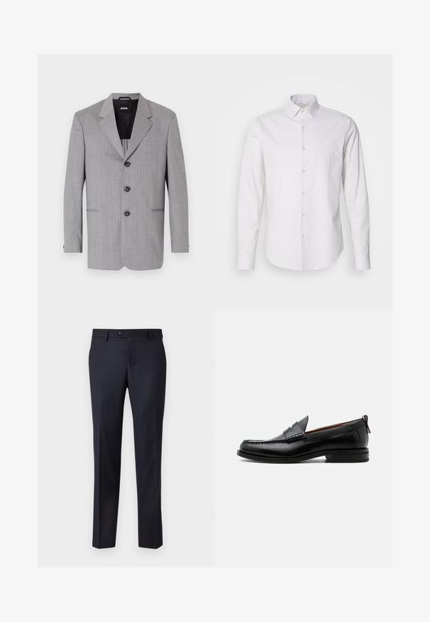 Blazer gris con rayas finas, fabricado en un tejido de textura suave. Cuenta con solapas con muesca, tres botones y dos bolsillos frontales.; Camisa blanca de manga larga con cuello puntiagudo, cierre frontal con botones, fabricada en un tejido suave. Presenta una sutil textura a rayas.; Pantalones tailored azul marino hechos de una tela texturizada con un sutil patrón de cuadros, que presentan un cierre de botón y un diseño de pierna recta.; Mocasín de hombre de piel negra con costura moc toe, tira penny, cuello texturizado y tacón bajo apilado sobre fondo blanco.