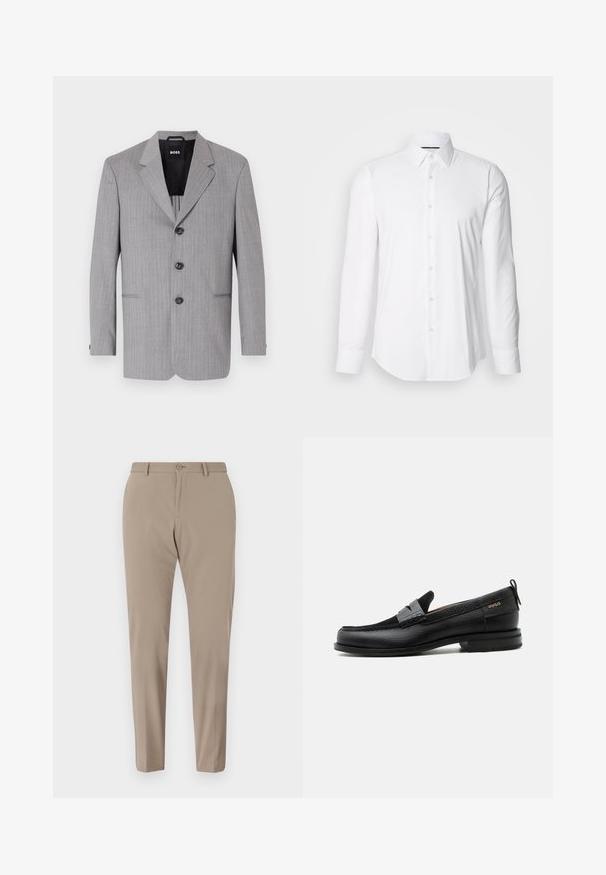 Grau gestreifter Blazer aus einem Stoff mit glatter Textur. Er hat auffällige Revers, drei Knöpfe und zwei vordere Taschen.; Weißes Langarmhemd aus glattem Stoff mit klassischem Kragen und durchgehender Knopfleiste, das einen abgerundeten Saum hat. Die Knöpfe sind dezent glänzend.; Beige maßgeschneiderte Hose mit glatter Textur, slim Fit und vorderen Knopfverschluss. Keine sichtbaren Muster oder Verzierungen.; Schwarzer Lederloafer mit grauem Riemendetail, niedrigem Absatz und strukturierter Sohle, seitlich mit „HUGO“ in Gold gebrandmarkt.