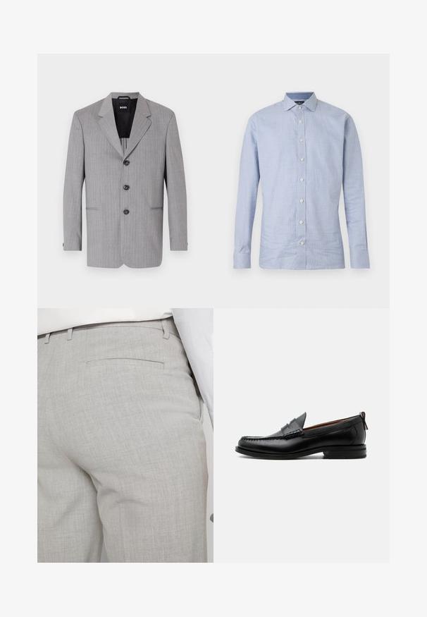 Blazer gris con rayas finas, fabricado en un tejido de textura suave. Cuenta con solapas con muesca, tres botones y dos bolsillos frontales.; Camisa de manga larga a cuadros azules y blancos con collar, botones frontales y una textura suave. Tejido ligero adecuado para superponer.; Pantalones grises claros a medida hechos de tela texturizada, con un solo bolsillo trasero y costuras limpias.; Mocasín de hombre de piel negra con costura moc toe, tira penny, cuello texturizado y tacón bajo apilado sobre fondo blanco.