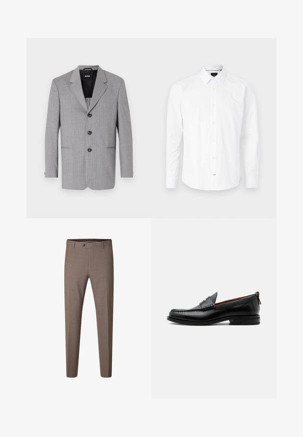 Grau gestreifter Blazer aus einem Stoff mit glatter Textur. Er hat auffällige Revers, drei Knöpfe und zwei vordere Taschen.; Weißes Langarmhemd aus Baumwolle. Verfügt über einen Button-Down-Kragen, eine Vorderknopfleiste mit rosa Knöpfen und einen abgerundeten Saum.; Braune Slim-Fit formelle Hose mit Knopf und Gürtelschlaufen, vor weißem Hintergrund dargestellt.; Schwarzer Leder-Herrenschuh mit Mokassinnaht, Penny-Riemen, strukturiertem Kragen und niedrigem gestapeltem Absatz auf weißem Hintergrund.