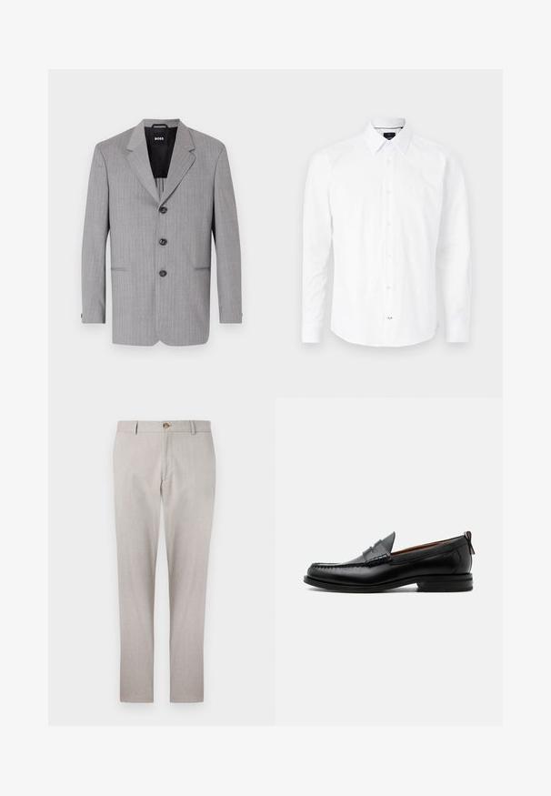 Blazer à rayures grises en tissu au toucher lisse. Il possède des revers crantés, trois boutons et deux poches avant.; Chemise blanche à manches longues en coton. Présente un col boutonné, une fermeture à boutons à l'avant avec des boutons roses, et un ourlet arrondi.; Pantalons en lin gris clair avec un design ajusté, fermeture à bouton, poches sur les côtés et coupe droite. Texture douce et détails de couture minimaux.; Mocassin homme en cuir noir avec couture moc toe, bride penny, col texturé et petit talon empilé sur fond blanc.