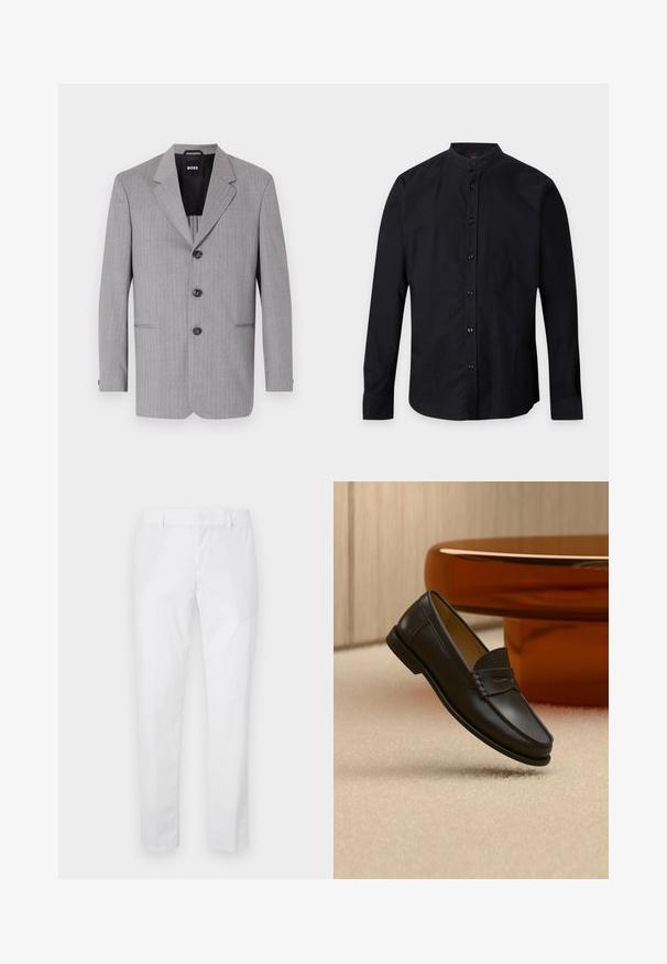 Grau gestreifter Blazer aus einem Stoff mit glatter Textur. Er hat auffällige Revers, drei Knöpfe und zwei vordere Taschen.; Schwarzes Langarmhemd mit Stehkragen und Vorderknöpfen, dargestellt auf einem schlichten hellgrauen Hintergrund.; Weiße Slim-Fit-Hose mit Gürtelschlaufen und Seitentaschen, flach auf hellem Hintergrund ausgelegt.; Schwarzer Leder-Loafer, der über einem hellbeigen Teppich schwebt, mit bernsteinfarbenen modernen Möbeln im Hintergrund.