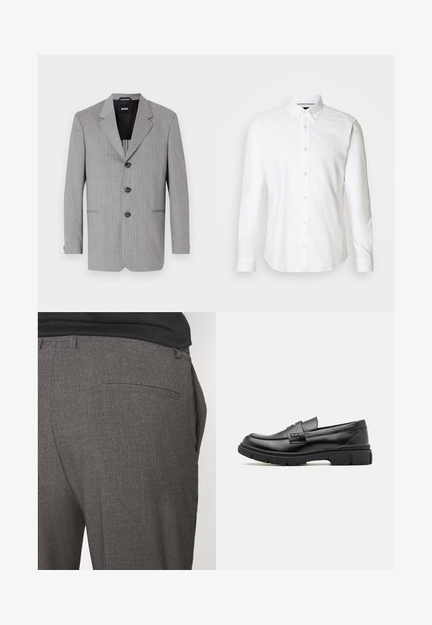 Grå stribet blazer lavet af stof med en glat overflade. Har klapkrave, tre knapper og to forlommer.; Hvid langærmet skjorte med knaplukning ved kraven, lavet af glat stof, med et diskret logo på brystet og knaplukning.; Grå skræddersyede bukser med en glat tekstur, udstyret med en enkelt baglomme og et slim fit design. Stoffet har et subtilt mønster.; Sort læder loafersko med en bred rem over forfoden, gummisål med tykke mønstre og glat overflade. Klassisk, slankt design.
