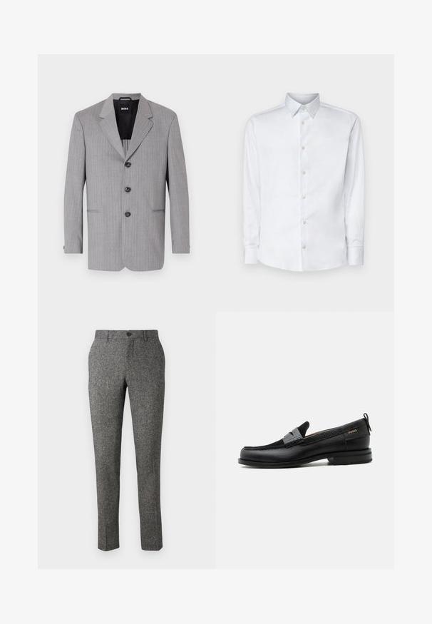 Grau gestreifter Blazer aus einem Stoff mit glatter Textur. Er hat auffällige Revers, drei Knöpfe und zwei vordere Taschen.; Weißes Langarmhemd aus glattem Stoff, mit klassischem Kragen, Knopfleiste und Manschetten mit Knöpfen, vor einem einfarbigen Hintergrund präsentiert.; Lindbergh PANTS - Stoffhose - brown; Schwarzer Lederloafer mit grauem Riemendetail, niedrigem Absatz und strukturierter Sohle, seitlich mit „HUGO“ in Gold gebrandmarkt.