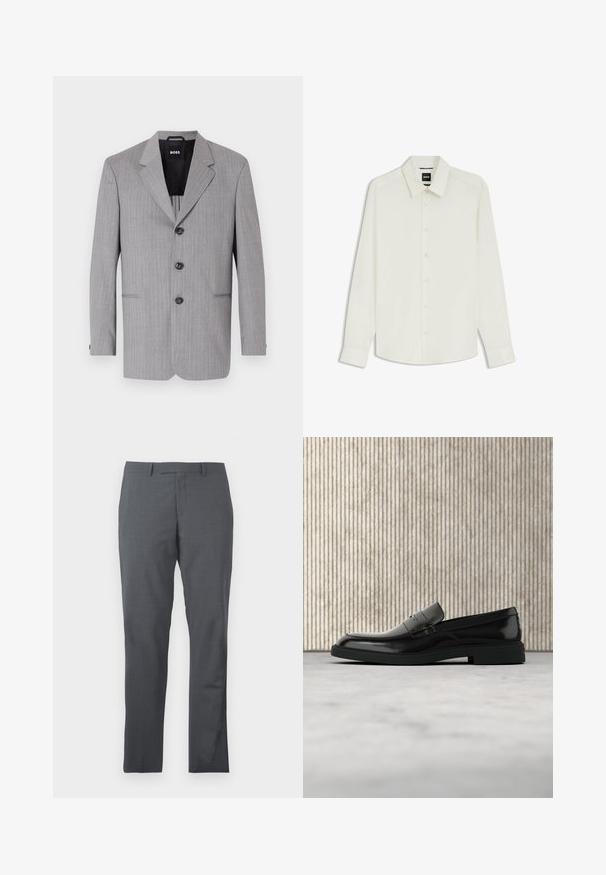 Grau gestreifter Blazer aus einem Stoff mit glatter Textur. Er hat auffällige Revers, drei Knöpfe und zwei vordere Taschen.; Herrenlangarmweißes Hemd mit Knöpfen vorne und spitzem Kragen, innen mit BOSS-Label am Kragen.; Graue Anzughose aus glattem, strukturiertem Stoff. Slim-Fit-Design, flacher Vorderteil und keine sichtbaren Verzierungen oder Taschen.; Schwarzer, polierter Lederloafer, der über einem beigen Teppich schwebt, mit orangener, durchscheinender Möbel im Hintergrund.