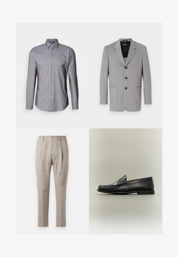 Grau gestreifter Blazer aus einem Stoff mit glatter Textur. Er hat auffällige Revers, drei Knöpfe und zwei vordere Taschen.; Graues Langarm-Hemd mit Knopfleiste, strukturiertem Kragen, vorderer Knopfleiste und glatter Textur. Hat eine leicht taillierte Passform.; Beige maßgeschneiderte Hose mit glatter Textur, ausgestattet mit einem Knopfverschluss, elastischem Bund und zwei vorderen Taschen. Gerade Beinform.; Schwarzer Herren-Loafer aus Leder mit Mokassin-Zehennaht, Penny-Riemen und flachem Absatz vor neutralem Hintergrund.
