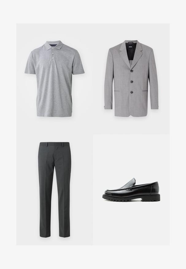 Grå stribet blazer lavet af stof med en glat overflade. Har klapkrave, tre knapper og to forlommer.; Lysegrå polo skjorte lavet af bomuldsblanding. Har en klassisk krave, tre-knaps placket og korte ærmer med en tekstureret finish.; Mørkegrå skræddersyede bukser lavet af et glat tekstil. Har lige ben, flad front og bæltestropper. Ingen synlige mønstre eller accenter.; Sort læderloafer med chunky gummisål, syet overdel og præget mærkenavn på hælen, vist i sideprofil på hvid baggrund.