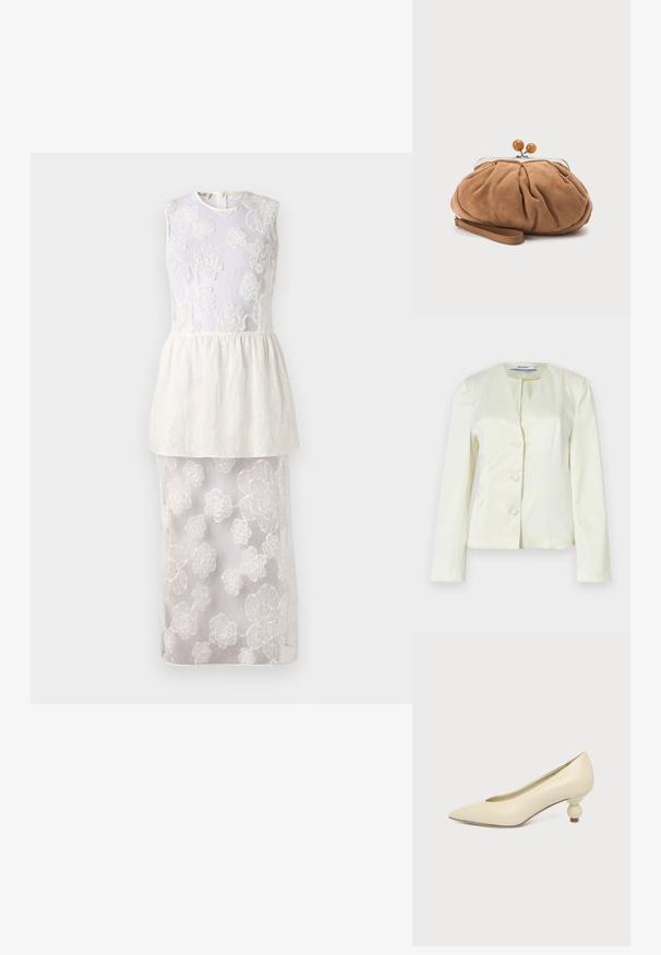 Witte, op maat gemaakte blazer met lange mouwen, een V-hals en drie knopen aan de voorkant. Gemaakt van gladde stof met een gestructureerde pasvorm.; Witte jurk met mouwloze top met bloemenborduursel, gelaagde peplum taille en een doorschijnende onderrok versierd met bloemmotieven.; Dames schoen in roomkleur met een puntige neus en een lage, ronde balvormige hak op een effen achtergrond.; Kleine zachte bruine suède clutch met geplooide stof, metalen sluiting, houten kraalaccenten en polsriem op een witte achtergrond.