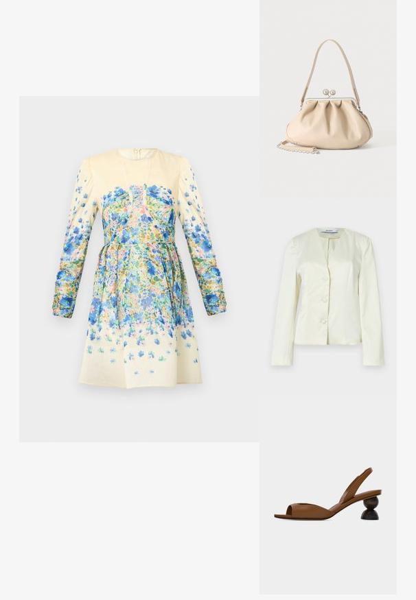 Weißes, maßgeschneidertes Blazer mit langen Ärmeln, V-Ausschnitt und drei Knöpfen vorne. Hergestellt aus glattem Stoff mit einer strukturierten Passform.; Blumenkleid in Beige mit langen Puffärmeln, ausgestattet mit mehrfarbigen Druckmotiven in Blau, Pink und Grün. Taillierte Silhouette mit weit schwingendem Rockdesign.; Braune Slingback-Sandale mit offenem Zehenbereich und einem markanten runden, zweiteiligen Holzabsatz vor hellem einfarbigem Hintergrund.; Beige weiche Lederhandtasche mit silbernem Metallrahmenverschluss, einem Schulterriemen und einem optionalen Kettenriemen auf weißem Hintergrund.