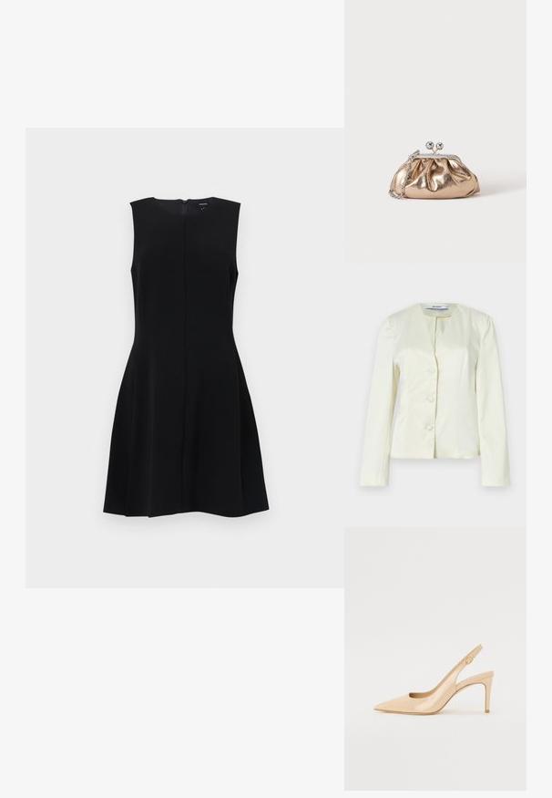 Veste blanche ajustée avec manches longues, col en V et trois boutons sur le devant. Confectionnée en tissu lisse avec une coupe structurée.; Robe noire sans manches avec un corsage ajusté et une jupe évasée, dotée d'une fermeture éclair dissimulée dans le dos et de lignes épurées. Matière lisse et sans texture.; Escarpin slingback en cuir verni nude avec un bout pointu, un décolleté ouvert et un talon aiguille fin. Comprend un accent doré circulaire sur la sangle.; Petit sac pochette métallique dorée avec fermoir argenté et chaîne sur un fond clair uni.