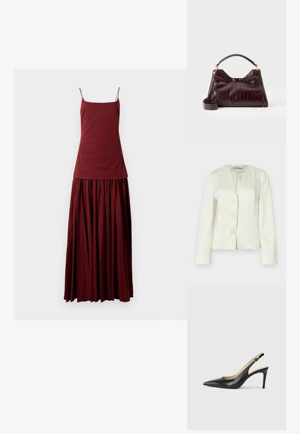 Veste blanche ajustée avec manches longues, col en V et trois boutons sur le devant. Confectionnée en tissu lisse avec une coupe structurée.; Robe sans manches bordeaux avec un haut ajusté et une jupe fluide plissée. Confectionnée en tissu léger, elle dispose de fines bretelles spaghetti.; Escarpins en cuir noir avec une pointe fine, une bride ajustable et un talon aiguille élégant, présentant une finition lisse.; Sac à main en cuir bordeaux foncé avec motif texturé, poignée supérieure noire, accessoires dorés et bandoulière amovible sur fond blanc.