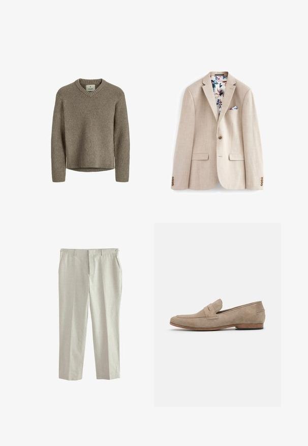 Blazer de lino beige con solapas con muesca, dos bolsillos frontales y un solo botón. Detalles de interior con estampado floral y pañuelo de bolsillo.; Suéter de punto acanalado beige con escote en V y mangas largas. Textura suave, ajuste relajado y dobladillo recto sin aberturas laterales.; Pantalones de vestir gris claro con un sutil patrón de cuadros, bolsillos laterales y una cinturilla estructurada con cierre de botón.; Mocasín de ante beige con costuras mínimas, tacón plano y suela de cuero. Presenta un acento de correa única cerca del vampiro. Silueta plana.