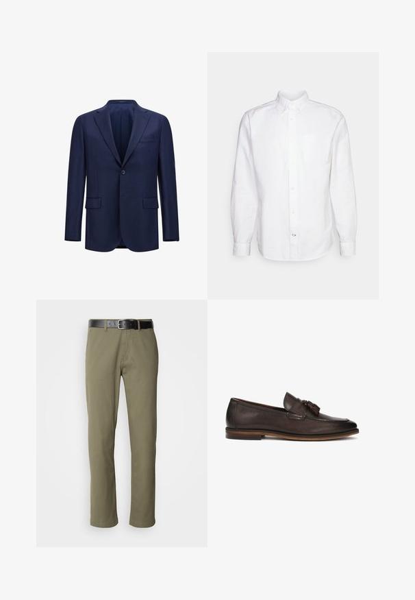 Marineblauwe blazer gemaakt van een textuurstof, met een enkele knoopsluiting, twee voorzakken en een gelapte kraag.; GAP STANDARD OXFORD - Overhemd - white; Olivengroene rechte broek van katoen, met een zwarte leren riem, zichtbare stiksels en zijzakken.; Donkerbruine leren instappers met een gladde textuur, decoratieve kwastjes en een contrasterende bruine zool. Klassiek slip-on ontwerp.