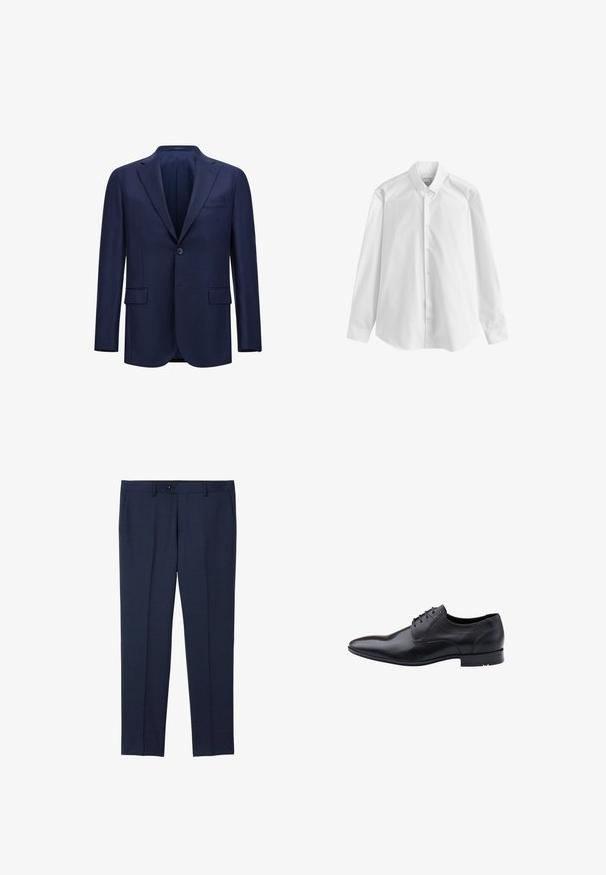 Marineblå blazer lavet af tekstureret stof, med en enkelt knaplukning, to frontlommer og et notch-lapel design.; Hvid bomulds skjorte med lange ærmer, spidse krave, fuld knaplukning foran og afrundet kant. Glat tekstur, ingen mønstre eller detaljer.; Marine skræddersyede bukser lavet af et glat stof. Har knaplukning, frontlommer og et lige ben design.; Sort lædersko med spids snude, snørelukning og diskrete syningsdetaljer. Har en glat tekstur og lav hæl.