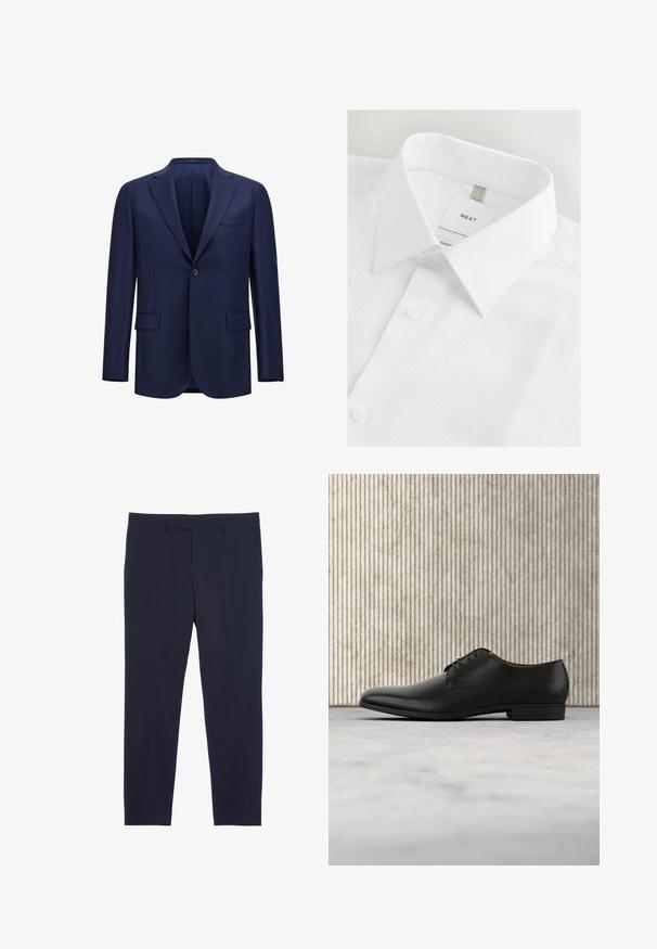 Marineblå blazer lavet af tekstureret stof, med en enkelt knaplukning, to frontlommer og et notch-lapel design.; Hvid langærmet skjorte med spidskrave, knappet foran og størrelseslabel "NEXT" indeni kraven.; Marineblå skræddersyede bukser lavet af glat stof, med sidelommer, flad front og lige ben.; Sorte læderdress sko med en glat finish, rund tå, lav hæl og snørelukning. Har minimalistiske detaljer for et elegant udseende.