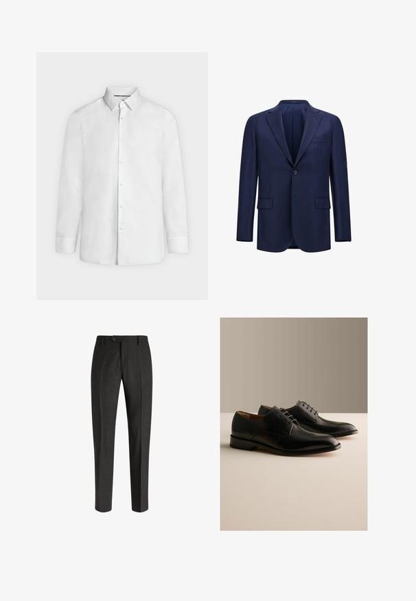 Marineblå blazer lavet af tekstureret stof, med en enkelt knaplukning, to frontlommer og et notch-lapel design.; Hvid skjorte med lange ærmer, spredt krave og knapmanchetter, vist forfra på en ensfarvet lysegrå baggrund.; Boggi Milano Chino - charcoal; Par sorte læder formelle snøresko udstillet på en lys overflade med en ensfarvet beige baggrund.