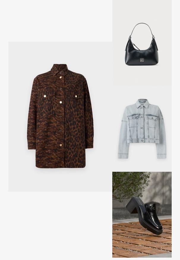 Lys blå denimjakke med en cropped design, der har to forlommer, knaplukning og en klassisk krave. Glat tekstur og syede detaljer.; Langærmet skjorte med knapper i en blanding af brun camouflage og leopardmønstre, med forlommer med klapper og guldfarvede knapper.; Sort læder Calvin Klein slip-on mule med blokhæl, der hviler på trætøj udendørs nær en grøn plante og en grå væg.; Sort læder skuldertaske med et enkelt håndtag, lynlåslukning og et lille kvadratisk sølvlogo på forsiden.