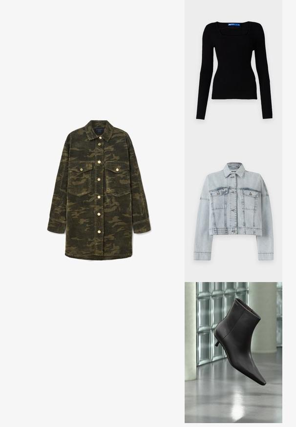 Lys blå denimjakke med en cropped design, der har to forlommer, knaplukning og en klassisk krave. Glat tekstur og syede detaljer.; Sort ribbet strikket langærmet top med firkantet halsudskæring og tætsiddende design, fremhævet af et tekstureret stof og uden synligt hardware eller accenter.; Langærmet grøn og brun camo kordfløjl skjortejakke med krave, knaplukning foran og to brystlommer med klap.; Sort læderankelstøvle med spids tå og lille hæl vist mod en væg af glasblokke og poleret gulv baggrund.