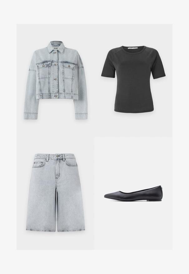Lichtblauwe spijkerjas met een cropped ontwerp, voorzien van twee voorzakken, knoopsluiting en een klassieke kraag. Gladde textuur en gestikte details.; Donkergrijze korte mouwen t-shirt met ronde hals, gemaakt van soepele stof, met raglan mouwen en een minimalistisch ontwerp.; Lichtgrijze denim shorts met een ontspannen pasvorm, met een hoge taille, vijf zakken en een rechte snit. Strakke, minimalistische stikdetails.; Zwarte platte leren schoen met puntige neus en lage hak, zijaanzicht tegen een witte achtergrond.