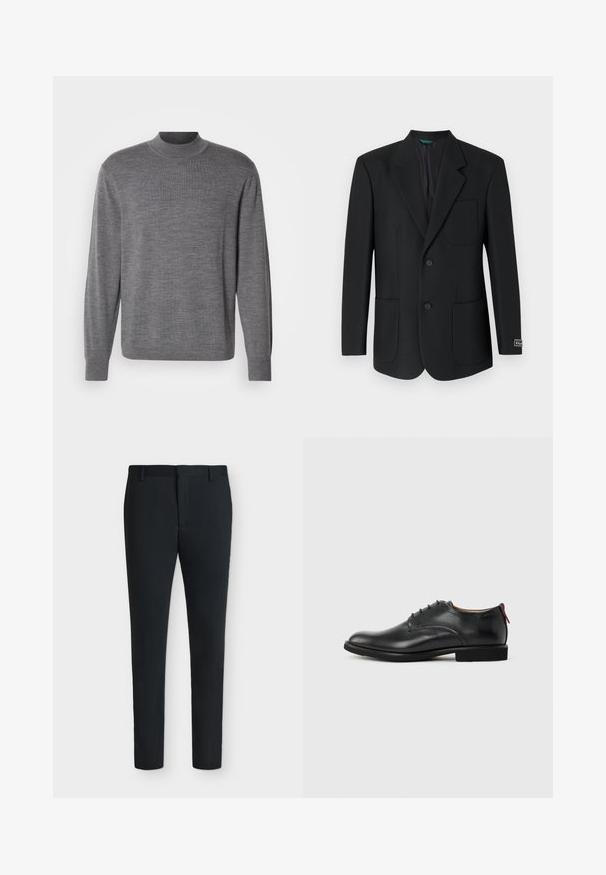 Blazer negro hecho de una tela suave, con solapas con muesca, dos bolsillos frontales, dos botones y un sutil logo en la manga.; Suéter gris de manga larga hecho de material de punto, con cuello alto y un logo sutil en el pecho. Textura suave y diseño ajustado.; Pantalones de vestir negros de corte ajustado con trabillas, cremallera frontal y sin bolsillos visibles, mostrados sobre un fondo blanco liso.; Zapato de vestir para hombre de cuero negro con cordones en la parte delantera y tira roja en el talón sobre un fondo liso.