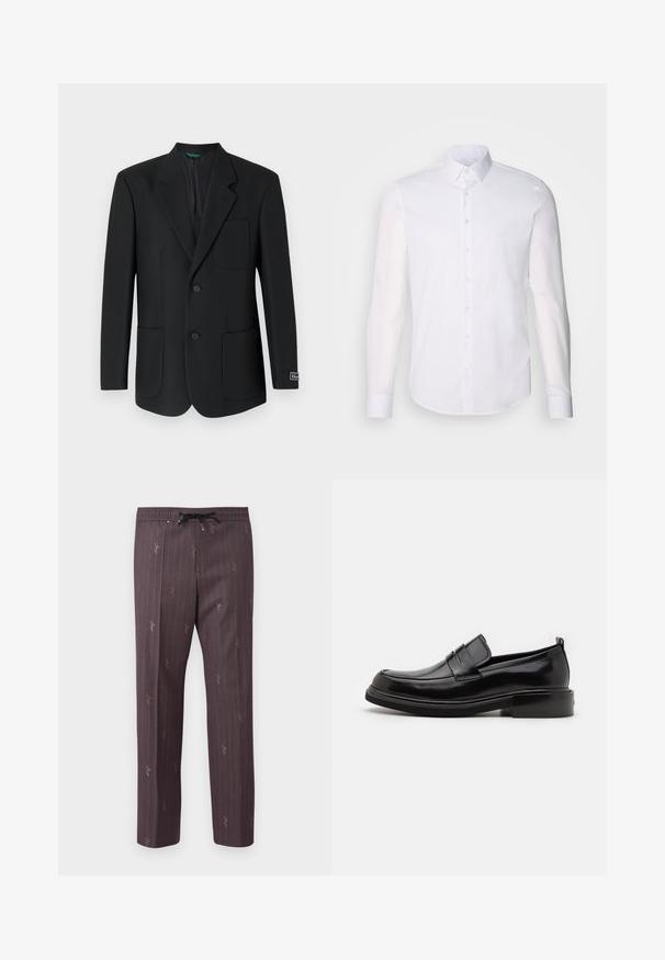 Blazer negro hecho de una tela suave, con solapas con muesca, dos bolsillos frontales, dos botones y un sutil logo en la manga.; Camisa blanca de manga larga y botones, hecha de algodón, que presenta un cuello clásico, botones en la parte delantera y un detalle de costura minimalista.; Pantalones con cintura elástica en púrpura oscuro con rayas verticales y sutiles acentos impresos. Material ligero con un corte relajado.; Calvin Klein MOCCASIN - Mocasines elegantes - black