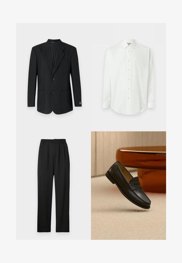 Sort blazer lavet af glat stof, med en nedskåret revers, to frontlommer, to knapper og et diskret logo på ærmet.; Hvid skjorte med lange ærmer, knapper foran, klassisk krave og manchetter, vist mod en ensartet lys baggrund.; Sorte bukser med et struktureret mønster, der har en bred talje med en knap og forkærninger foran for en skræddersyet pasform. Lige ben-design.; Sort læder loafer-sko hængende over beige tæppe med ravfarvet moderne møblement i baggrunden.